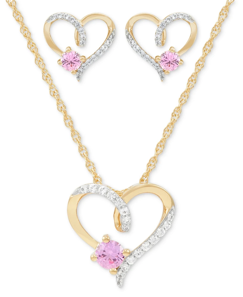 2-Pc. Set Lab Created Pink Sapphire (3/4 ct. t.w.) & Lab Created White Sapphire (1/3 ct. t.w.) Heart Pendant Necklace & Matching Stud Earrings in 14k