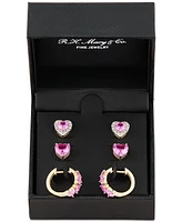 3-Pc. Set Lab Created Pink Sapphire (6 ct. t.w.) & Lab Created White Sapphire (1/2 ct. t.w.) Heart Stud & Small Hoop Earrings 14k Gold-Plated Sterling