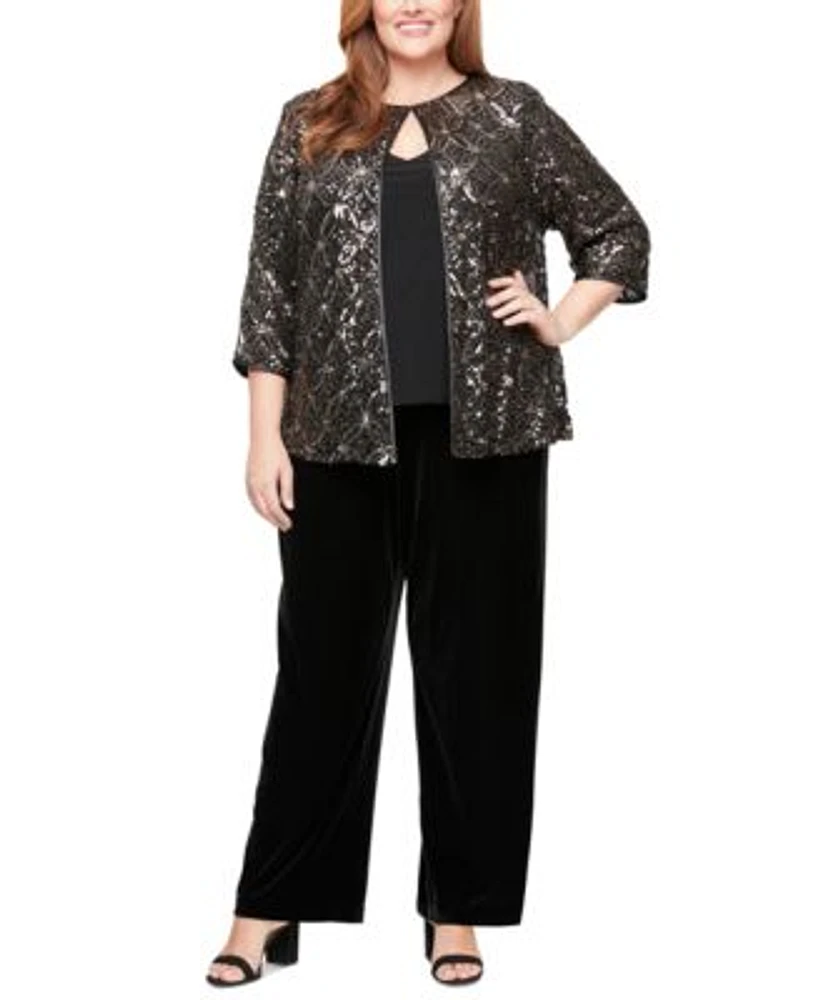 Alex Evenings Plus Size Sequined Layered Look Top Velvet Side Stripe Straight Leg Pants