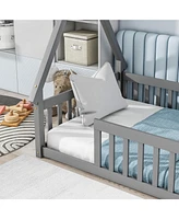 Slickblue Twin Tent-Shaped Floor Bed in Grey - Teepee Design with Guardrails and Slats, Perfect for Cozy and Safe Sleeping Spaces for Kids