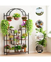 Unho Tall Arched Metal Flower Display Shelf Garden Flower Rack with Hanging Hooks