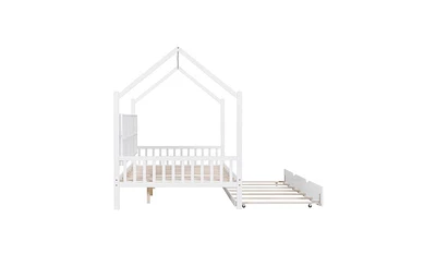 Slickblue Wooden Full Size House Bed with Trundle,Kids Bed with Shelf, White