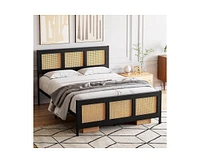 gaomon Queen Size Bed Frame with Rattan Headboard and Footboard, Rattan Platform Bed Frame, Mattress Foundation, No Box Spring Needed, Black