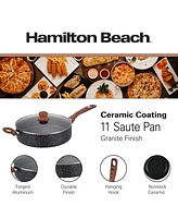 Hamilton Beach Saute Pan 11-Inch Nonstick Marble Coating, Wood like Soft Touch Handle, Multipurpose Fry Pans with Glass Lid, Chef Pan Stone Cookware C