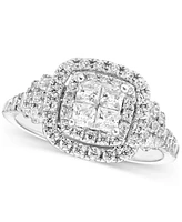 Diamond Princess & Round Quad Cluster Double Halo Ring (1 ct. t.w.) in 10k White Gold