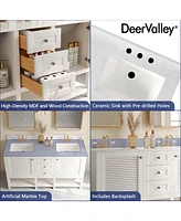 DeerValley 60'' Bathroom Vanity Double Sink Top with Backsplash, Pre-assembled Bathroom Cabinet White