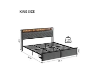 gaomon King Size Led Bed Frame with Headboard and 2 Storage Drawers, Upholstered Platform Bed with Charging Station