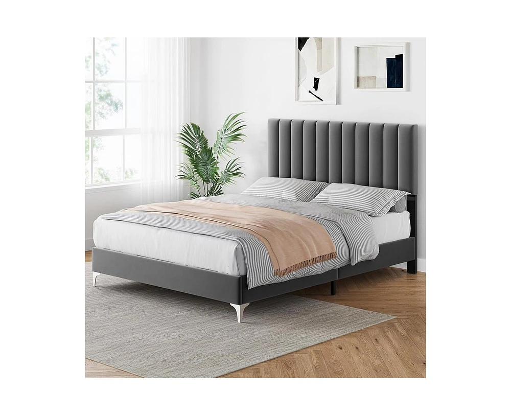 gaomon Bed Frame Modern Velvet Upholstered 11 Inch Bed Frame with Headboard No Box Spring Needed