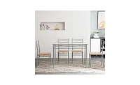 Slickblue Silver Iron Glass Dining Table with Four Chairs, Mdf Cushions for Modern Dining Room