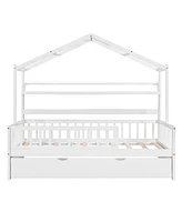 Slickblue Wooden Twin Size House Bed with Trundle and Storage Shelf for Kids