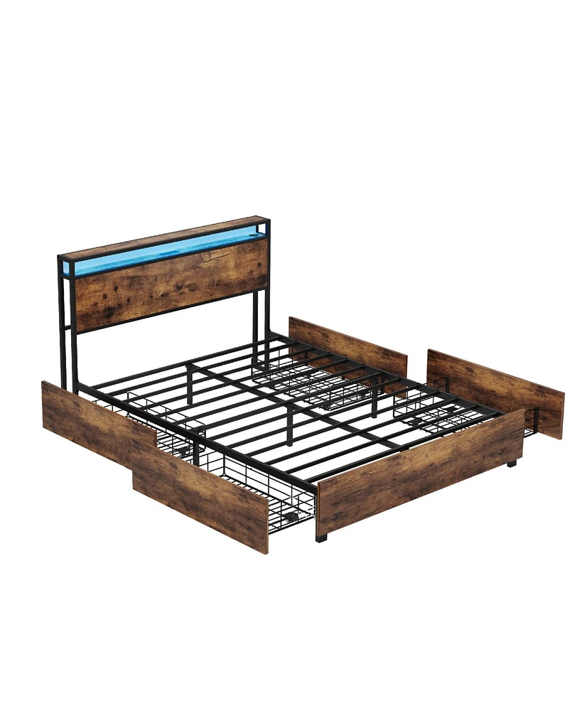 gaomon Queen Bed Frame with Storage Headboard & 4 Drawers, Industrial Wood Platform Bed with Led Headboard and Usb Outlets, Strong Slat Support, Easy