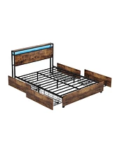 gaomon Queen Bed Frame with Storage Headboard & 4 Drawers, Industrial Wood Platform Bed with Led Headboard and Usb Outlets, Strong Slat Support, Easy