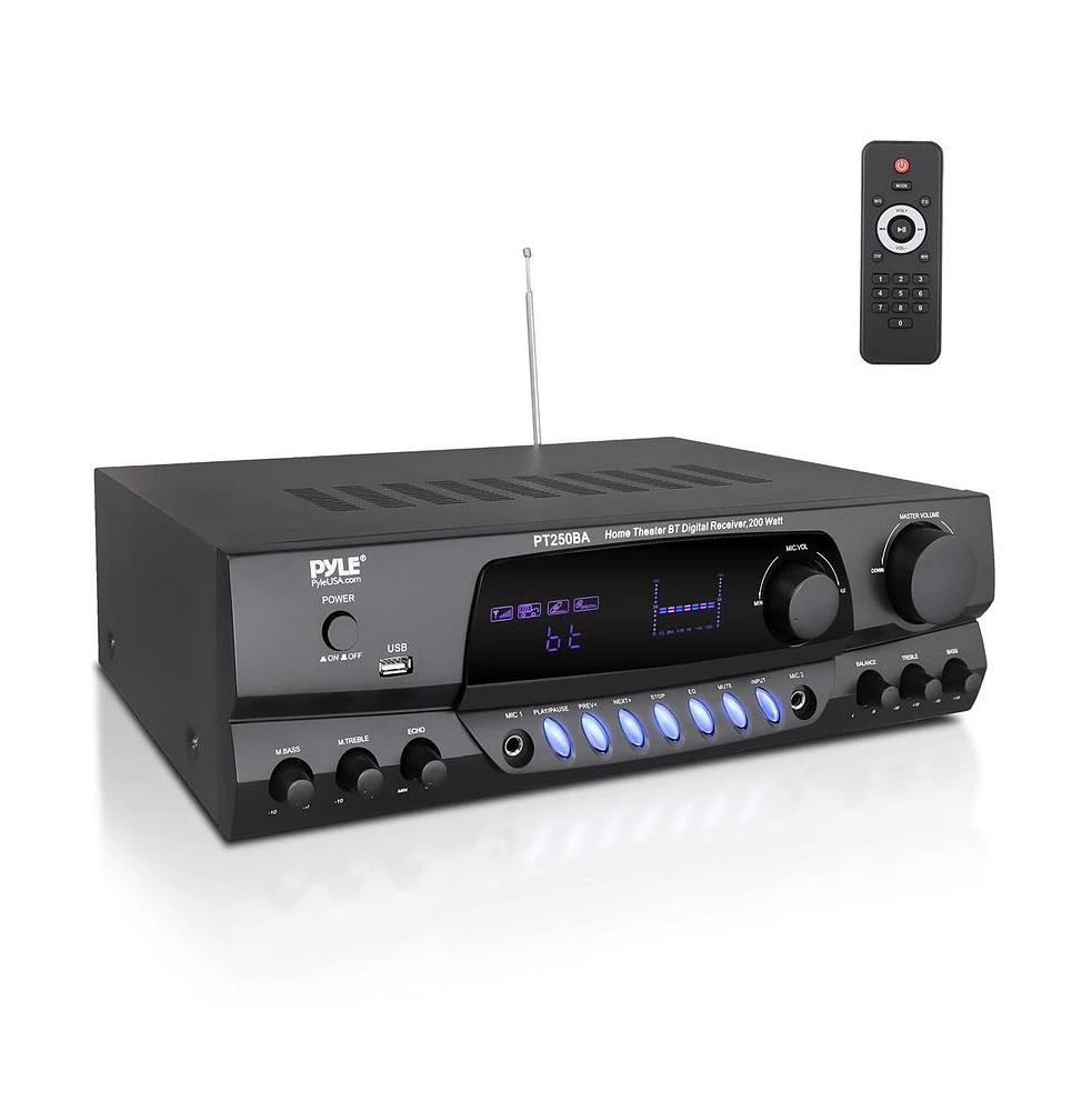 Pyle Home Theater Wireless Bluetooth Streaming Receiver Amplifier With Fm/Usb, 200 Watt