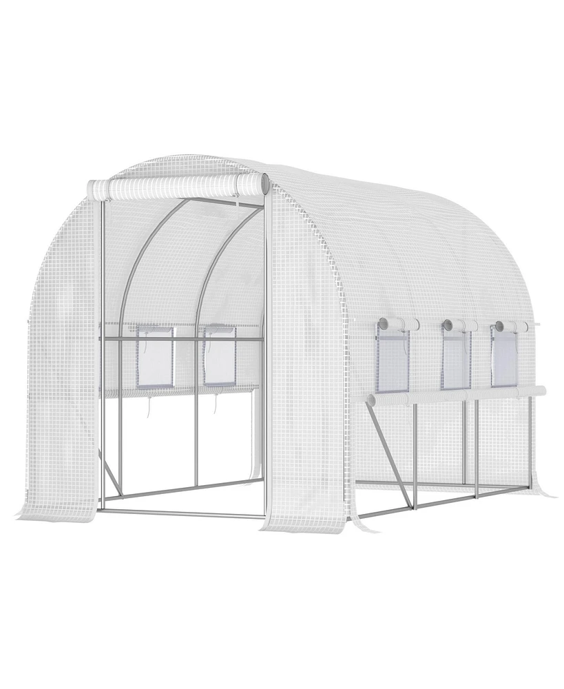 10' x 7' x 7' Walk-in Tunnel Greenhouse, Outdoor Green House with Anti-Tear Pe Cover, Zipper Doors and Mesh Windows, White