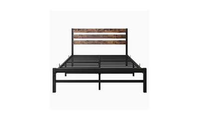 Slickblue Full Size Platform Bed Frame with Rustic Vintage Wood Headboard & Strong Metal Slat Mattress Support