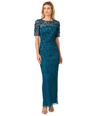 Adrianna Papell Petite 3D Floral Embellished Gown