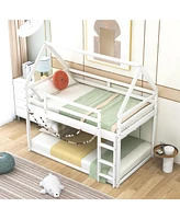 Slickblue Twin over Twin Low Bunk Bed in White - House Design with Ladder for Easy Access, Perfect for Kids' Bedrooms and Saving Space