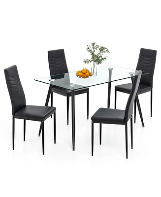 Gymax 5 Pcs 51'' Rectangle Dining Set 0.3'' Thick Glass Table w/ 4 Padded Dining Chairs