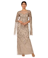 Adrianna Papell Women's Beaded Cape-Sleeve Gown