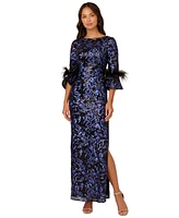 Adrianna Papell Women's Sequined Feather-Trim Gown