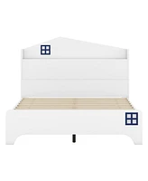 Slickblue Wooden Full Size House Bed with Storage Headboard ,Kids Bed with Storage Shelf,White