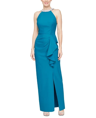 Alex Evenings Petite Halter-Neck Ruffle Long Dress