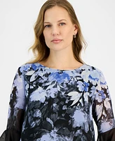 Kasper Women's Cascading Floral Ruffle-Sleeve Blouse, Petite & Regular Sizes