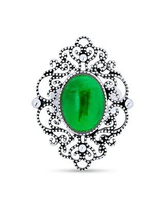 Bling Jewelry Trendy Antiqued Style Filigree Statement Oval Natural Dyed Green Jade Armor Full Finger Ring For Women Oxidized .925 Sterling Silver