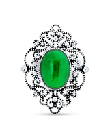 Bling Jewelry Trendy Antiqued Style Filigree Statement Oval Natural Dyed Green Jade Armor Full Finger Ring For Women Oxidized .925 Sterling Silver