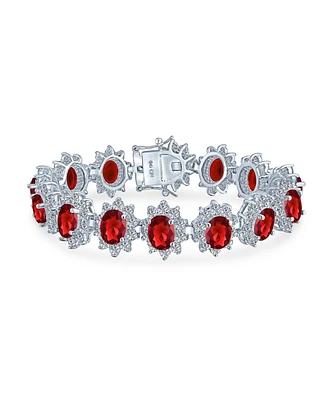 Bling Jewelry Crown Halo Large Red Oval Cz Fashion Tennis Statement Bracelet For Women Prom Red Cubic Zirconia Brass