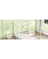 Slickblue Twin Size White Canopy Floor Bed Frame with Fence and Guardrails