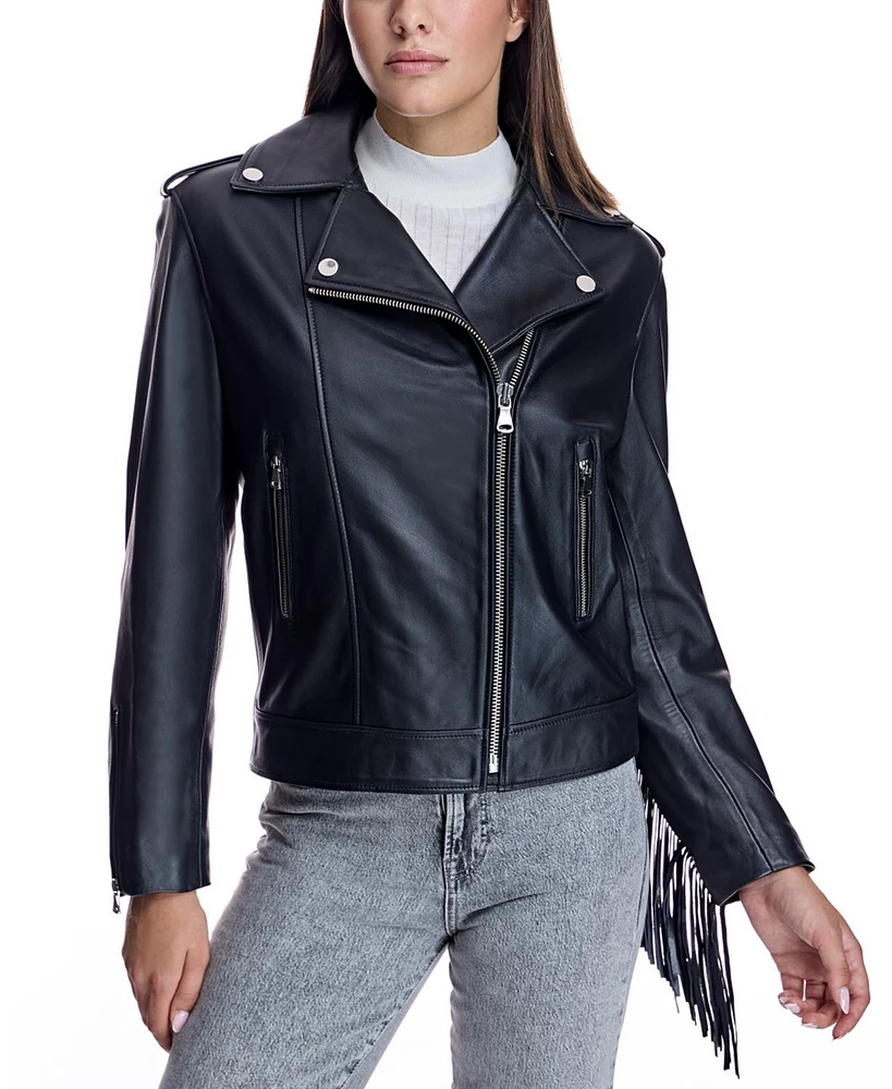 Julia & Stella by Maximilian Women's Moto Jacket With Fringes