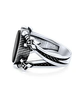 Bling Jewelry Unisex Urban Biker Jewelry Large Statement Oval Flat Natural Black Onyx Signet Double Sword Ring For Men Oxidized .925 Sterling Silver