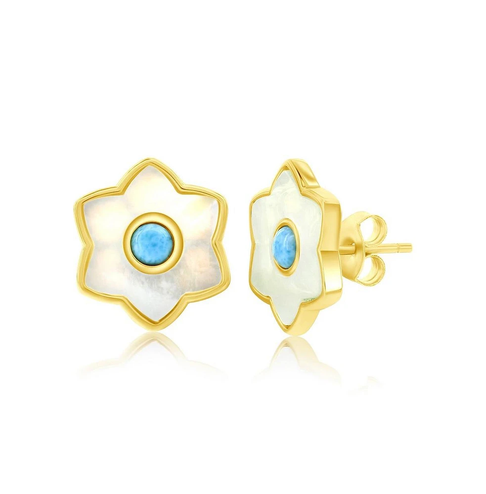 Caribbean Treasures Sterling Silver Larimar & Mop Flower Stud Earrings - Gold Plated