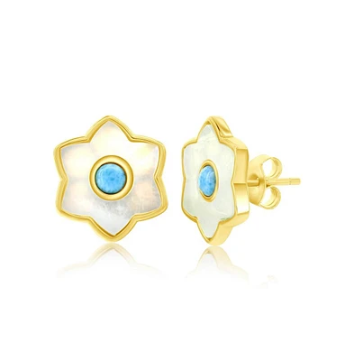 Caribbean Treasures Sterling Silver Larimar & Mop Flower Stud Earrings - Gold Plated