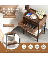 Gymax 2 Pcs Nightstand Side End Table w/ Charging Station Drawer Open Shelf