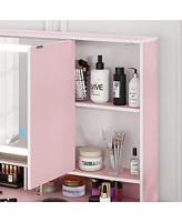 Famapy Pink Modern Makeup Vanity Desk 9-Drawers Wood Dressing Table with 3 Mirrors, Hidden Storage Shelves, Led Lighted Lights