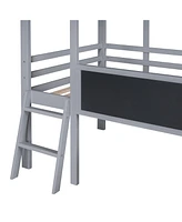 Slickblue Loft Bed with Ladder, Slide, Blackboard, and Roof Light Strip Fun House for Kids