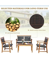 Sugift 4 Pieces Outdoor Patio Rattan Furniture Conversation Sets with Acacia Wood Frame