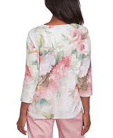 Alfred Dunner Petite Coming Up Roses Beaded Split-Neck Top