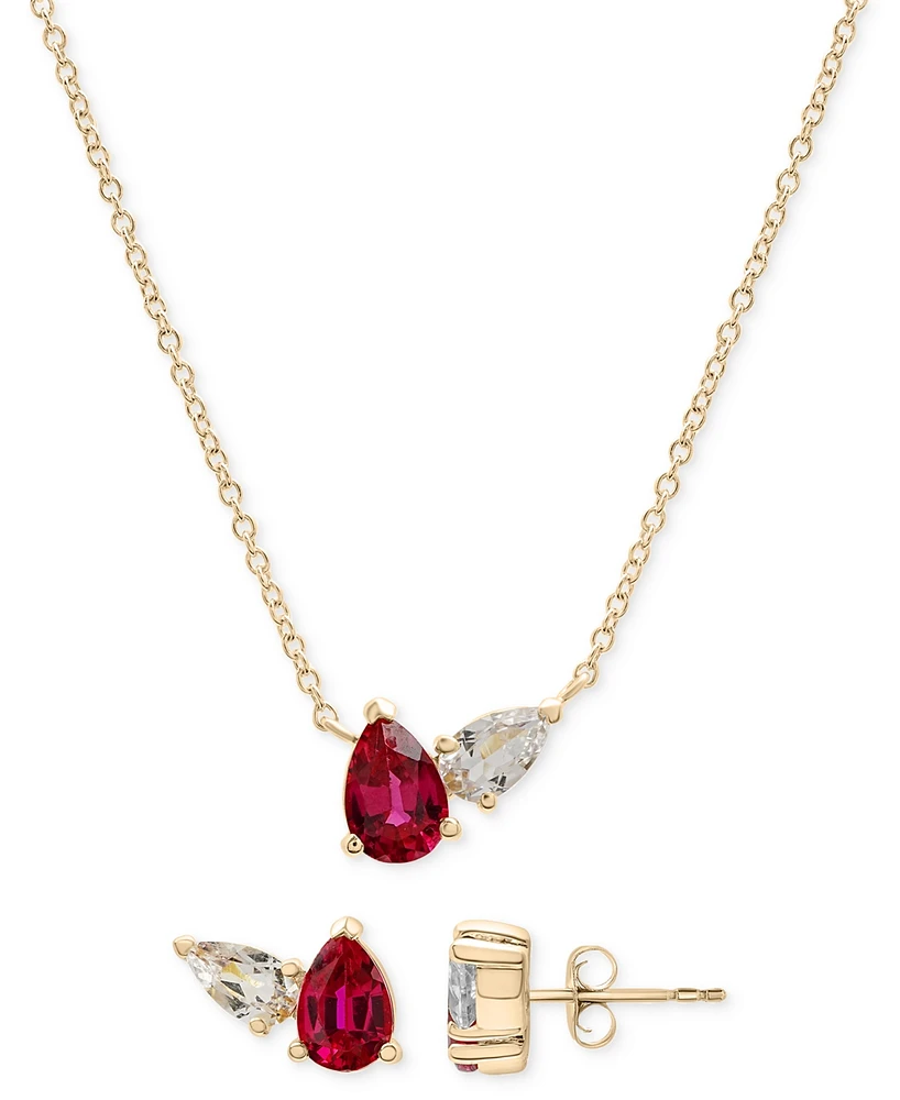 2-Pc. Set Lab-Created Ruby (1-1/2 ct. t.w.) & Lab-Created White Sapphire Pear Duo Pendant Necklace & Matching Stud Earrings in 14k Gold-Plated Sterlin