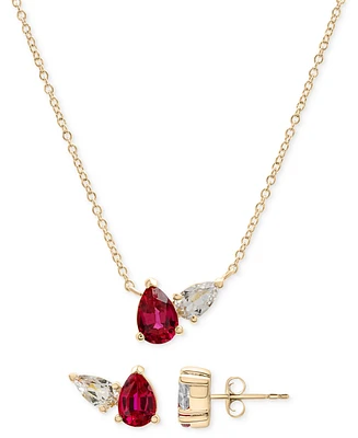 2-Pc. Set Lab-Created Ruby (1-1/2 ct. t.w.) & Lab-Created White Sapphire Pear Duo Pendant Necklace & Matching Stud Earrings in 14k Gold-Plated Sterlin