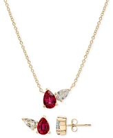 2-Pc. Set Lab-Created Ruby (1-1/2 ct. t.w.) & Lab-Created White Sapphire Pear Duo Pendant Necklace & Matching Stud Earrings in 14k Gold-Plated Sterlin