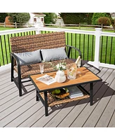 Sugift 2 Pieces Patio Rattan Coffee Table Set with Shelf and Quick Dry Cushion