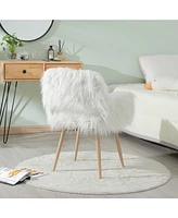 Slickblue White Faux Fur Upholstered Makeup Chair and Side Dining Chair with Metal Legs for Stylish Seating