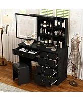 Famapy 5-Drawers Black Wood Led Push-Pull Mirror Makeup Vanity Sets Dressing Table Sets with Stool and 3-Tier Storage Shelves