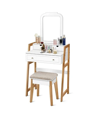 Sugift Vanity Table Set with Cushioned Stool and Large Mirror