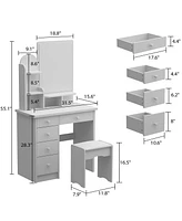 Homsee 5-Drawers Pink Makeup Vanity Sets Dressing Table with Stool, Mirror, Led Light and 3-Tier Storage Shelves