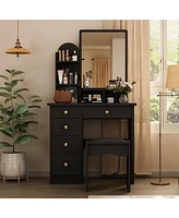Famapy 5-Drawers White Makeup Vanity Table Wooden Dressing Desk With Mirror and 3-Tier Storage Shelves