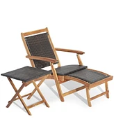 Inolait 2 Pieces Patio Rattan Folding Lounge Chair with Acacia Wood Table